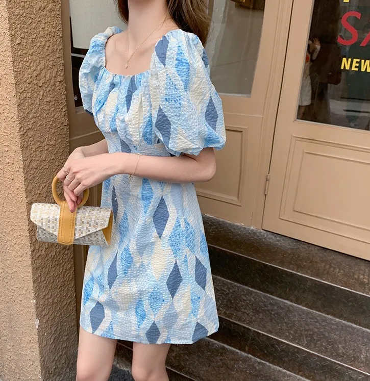 

Vintage Dress Casual Plaid Print Puff Sleeve High Waist Ruched Sweet Chiffon Dress Female 2021 Summer New Fashion Vestidos