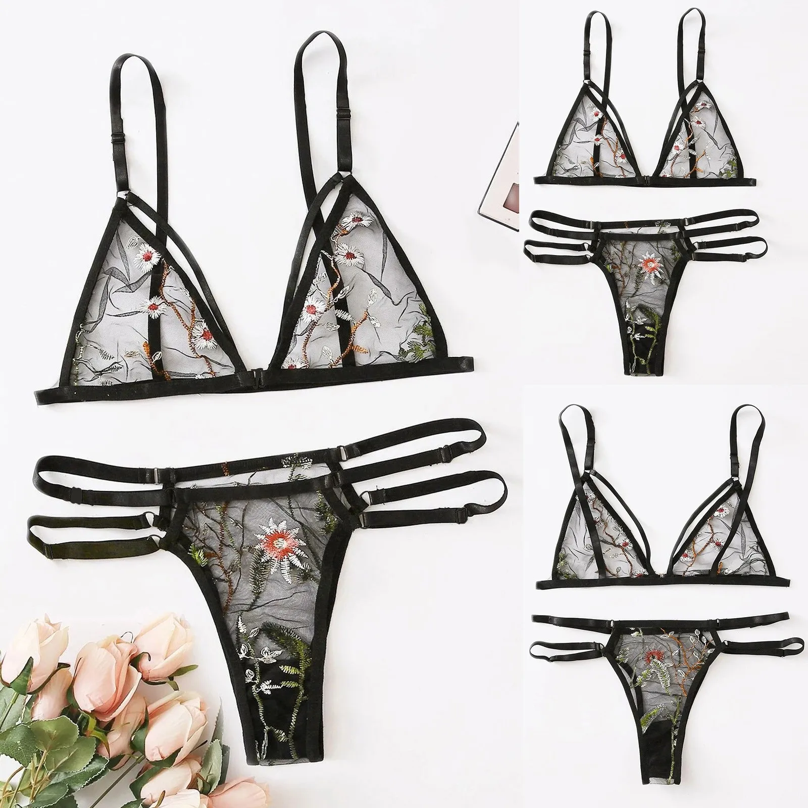 

Women's Lingerie Set Embroidered Floral Lace Underwear V-neck Bra and Sexy Underpants Lace Bralette Sleepwear Set Accessories