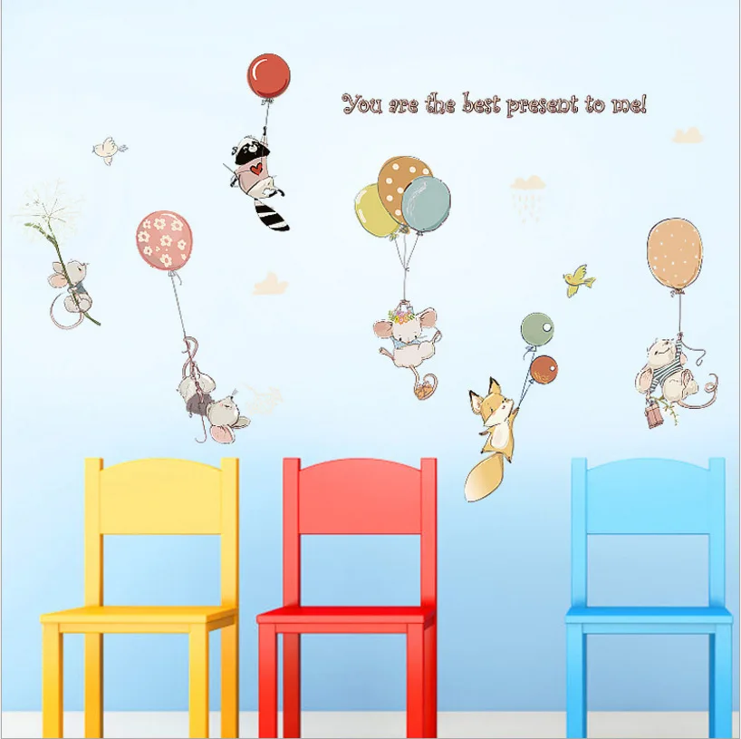 

Cartoon mouse balloon wall sticker Cute Animal kids Room Bedroom Nursery Mural Decals DIY Vinyl Dorm Creative Decor