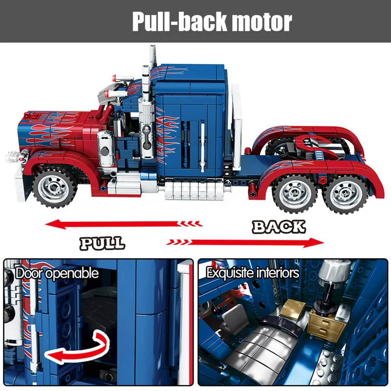 

849pcs City Classic Pull Back Car Building Blocks Technical Peterbilt Heavy Container Truck Bricks Toys For Boys