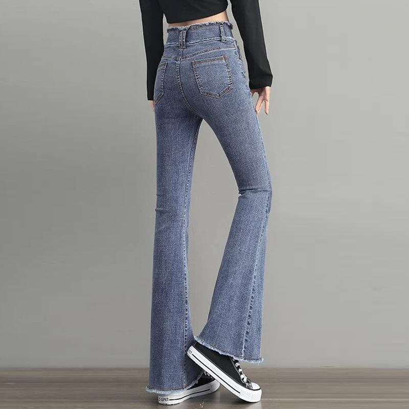 Fashion Tassels Slim Flared Jeans Women High Waist Plus Size Denim Bell Bottom Pants Solid Vintage Jeans Spring Trousers Female