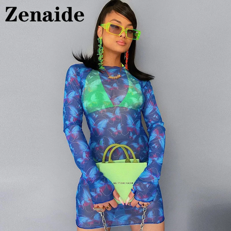 

Женское Сетчатое мини-платье Zenaide, элегантное облегающее платье с длинным рукавом и принтом бабочки, прозрачное пляжное платье для вечеринк...