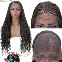 My-Lady Synthetic 28'' Cornrow Braids Lace Wigs Curly Ends Box Braided Lace Front Wig With Baby Hair Frontal  Afro Wig Free Gift