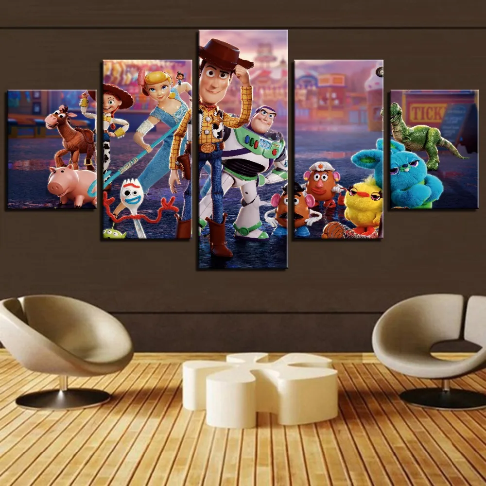 

5 Pieces Animation Movie Toy Buzz Woody Story Canvas Painting Cartoon Posters Kids' favorite Picture For Home Decor Artwork