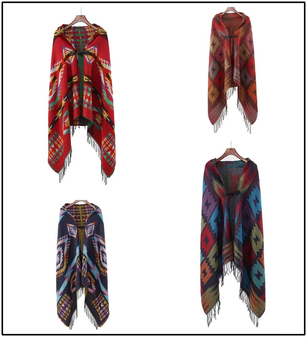 

Autumn and Winter New Yunnan Horn Buckle National Style Hooded Cape Shawl Bohemian National Style Hooded Shawl Manufacturer