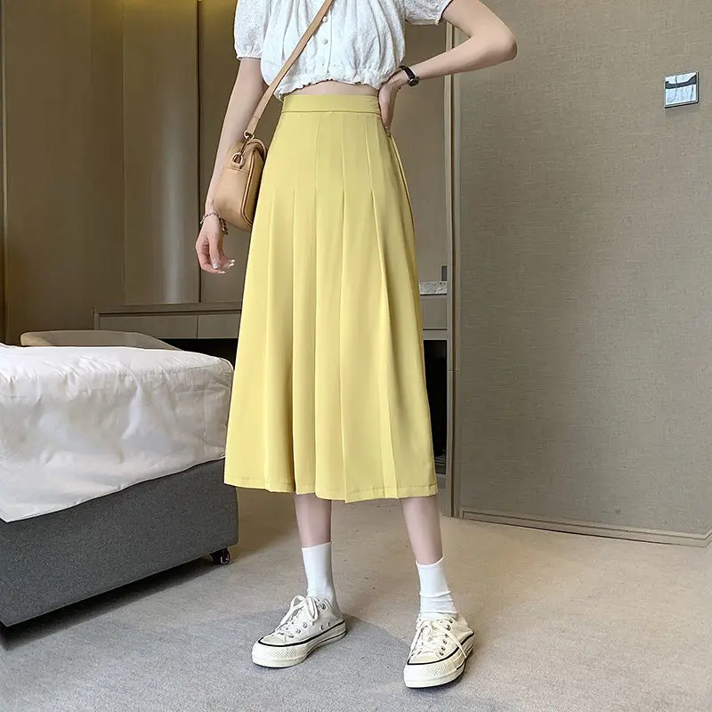 

Pleated Skirt Female Summer 2021 New Korean Pure Color Drape A-line Skirt Elastic Waist Covering Crotch Half-length Skirt