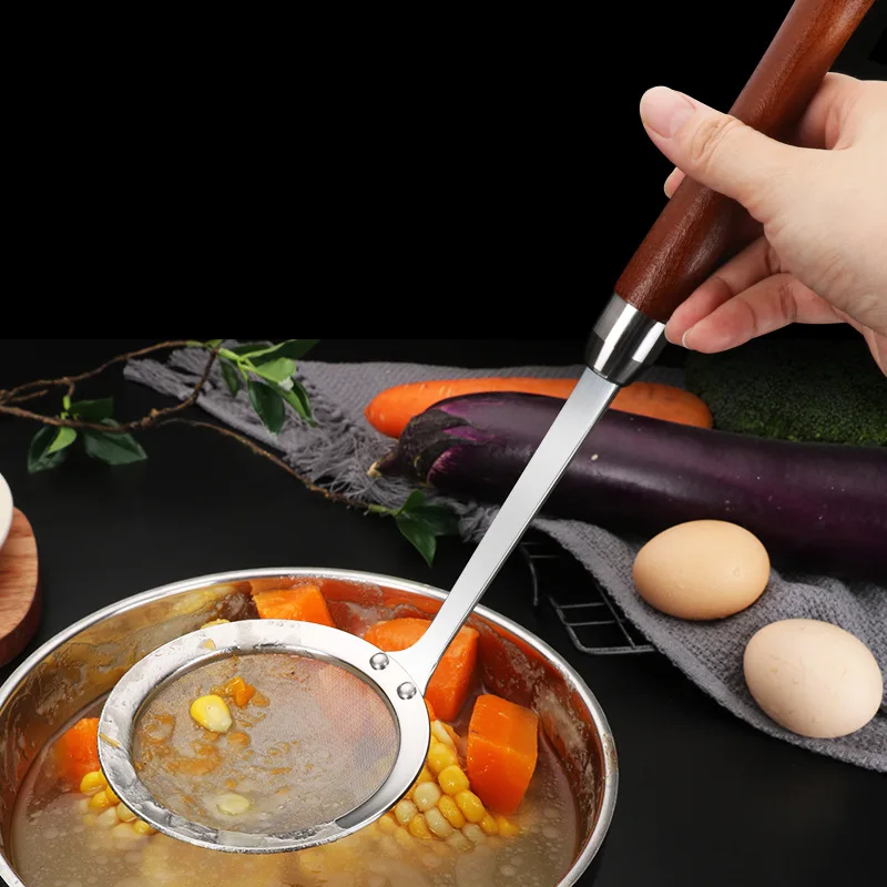 

Wooden Handle Colander Strainer Juice Soy Milk Filter Stainless Steel Noodle Soup Spoon Kitchen Accessories Cooking Skimmer