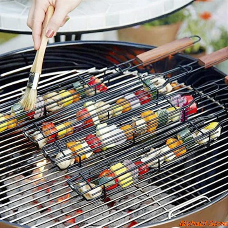 

Reusable Barbecue Grilling Basket Clip for BBQ Roast Meat Vegetables Outdoor BBQ Tools Kebab Barbecue Baskets with Wooden Handle