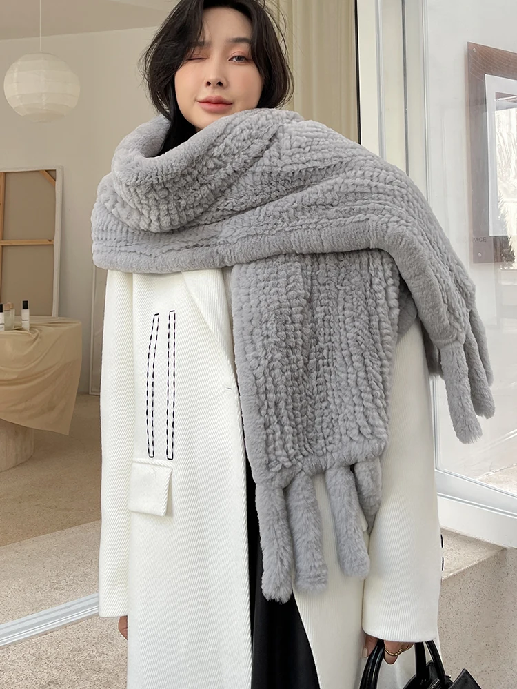 Women's Real Rex Rabbit Fur Scarf with Tassel Winter Warm Knitted Cape Long Wraps for Female |