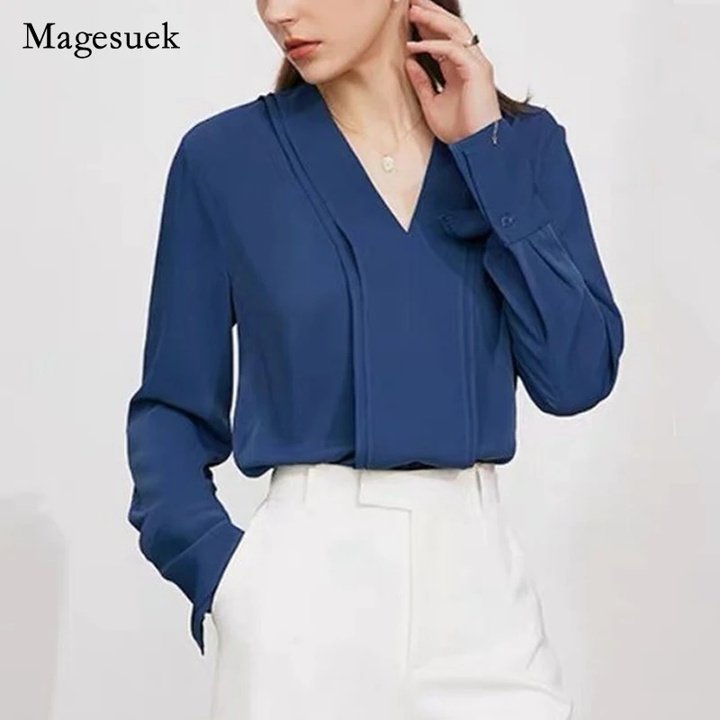 

Elegant Stitched V-neck Chiffon Blouse Tops Women 2022 Spring New Fashion Blue Shirt French Solid Long Sleeve Shirt Blusa 18330