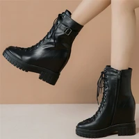 fashion sneakers women lace up genuine leather high heel pumps shoes female high top round toe military ankle boots casual shoes