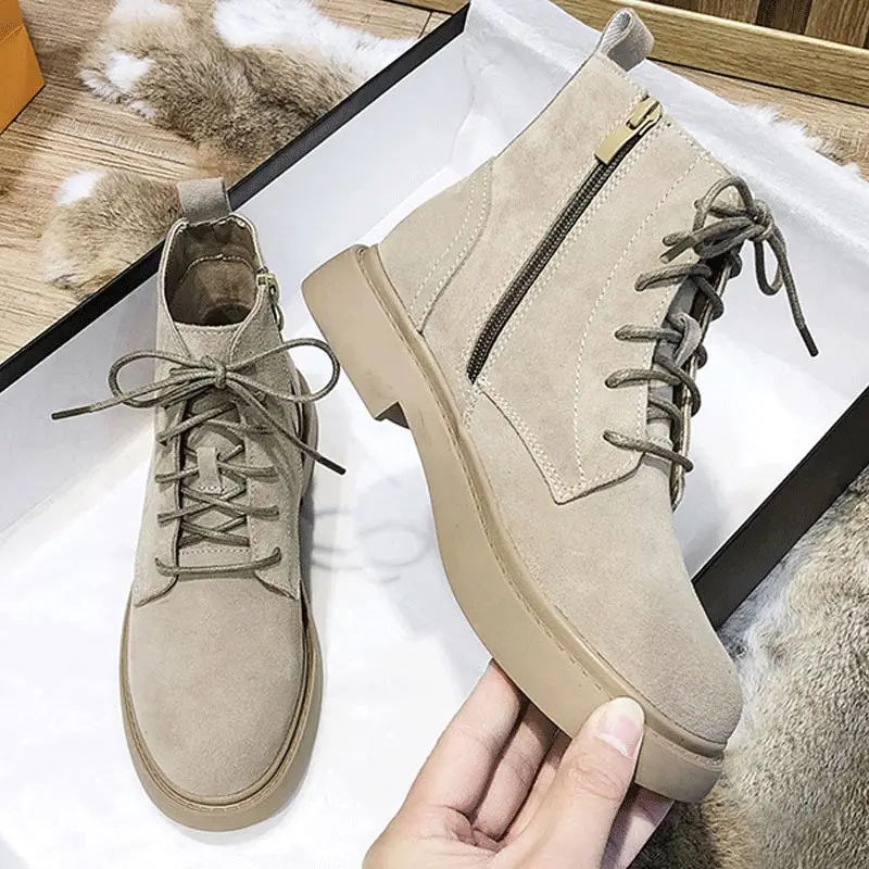 

Ботинки женские на шнуровке, модные повседневные однотонные теплые плюшевые ботильоны, плоская подошва, матовый цвет, Осень-зима