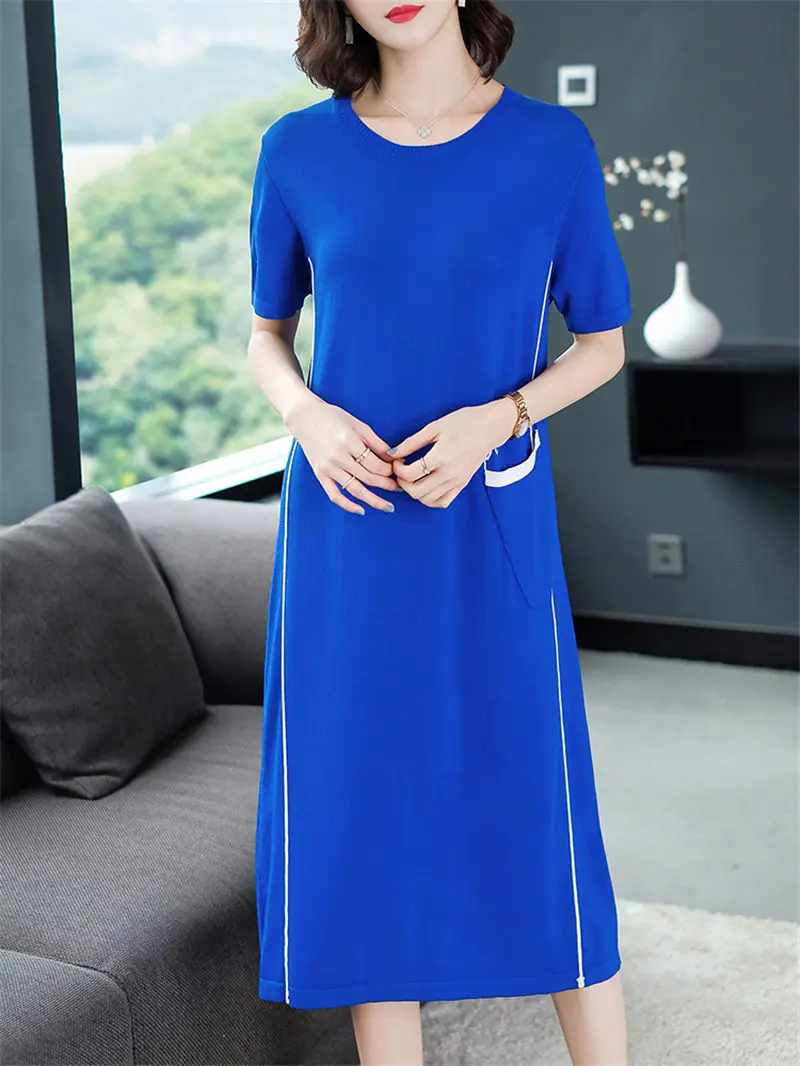 

Mid-length Knitted Dress Female Korean Loose 2020 Summer Short-sleeve Big Size Casual Dress Women Thin Sweater Shirt Robes K832
