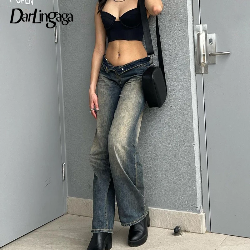 

Джинсы Darlingaga женские с градиентом, винтажные модные элегантные джинсовые брюки с прямыми штанинами и высокой талией, повседневные мешковат...