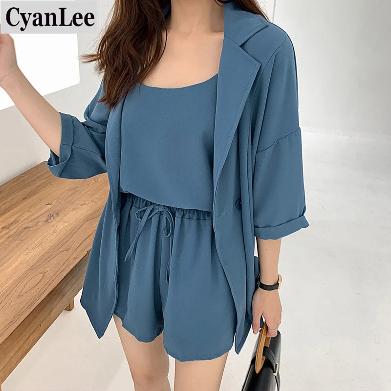 

Cyanlee 2020 Women Set Summer 3 Pieces Suits Blazers+Camisole+Shorts Casual Solid Jackets+Shorts Women Suits Elastic Wasit