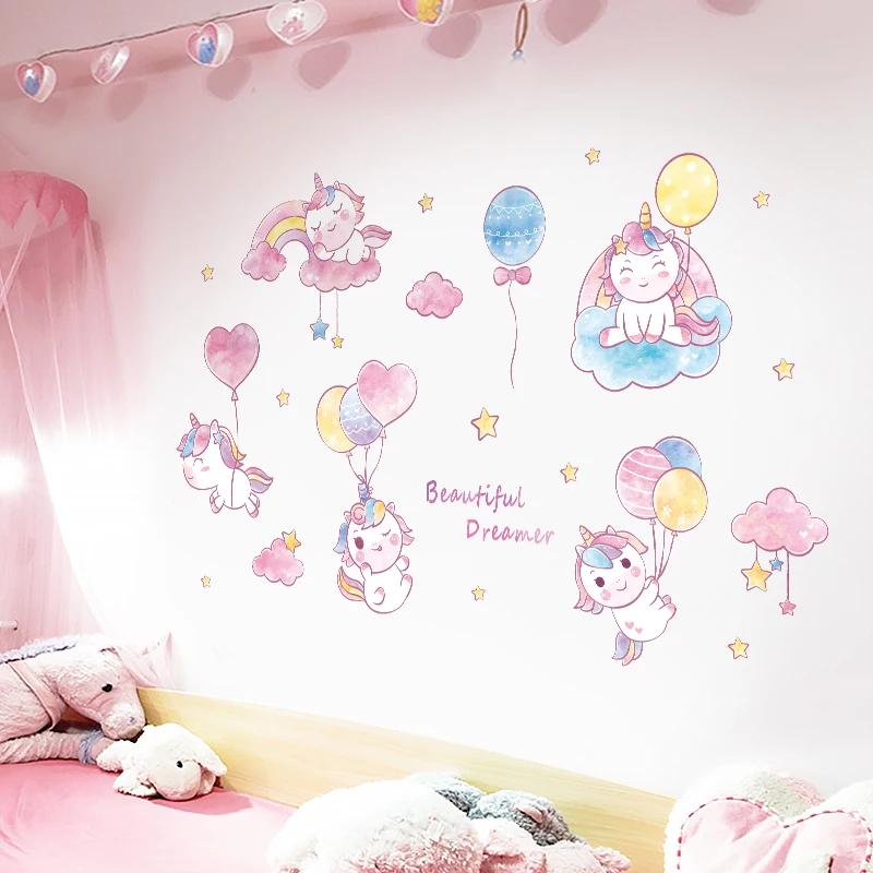 Наклейки на стену «сделай сам», Мультяшные единороги, наклейки на стену для детской, спальни, гостиной, детской, Настенный декор, домашний де...
