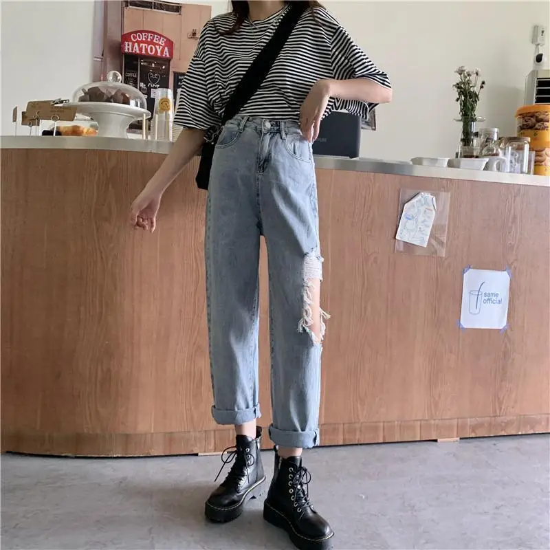 

Spring new ins straight high waist pierced jeans women's Retro daddy pants versatile casual wide leg pants