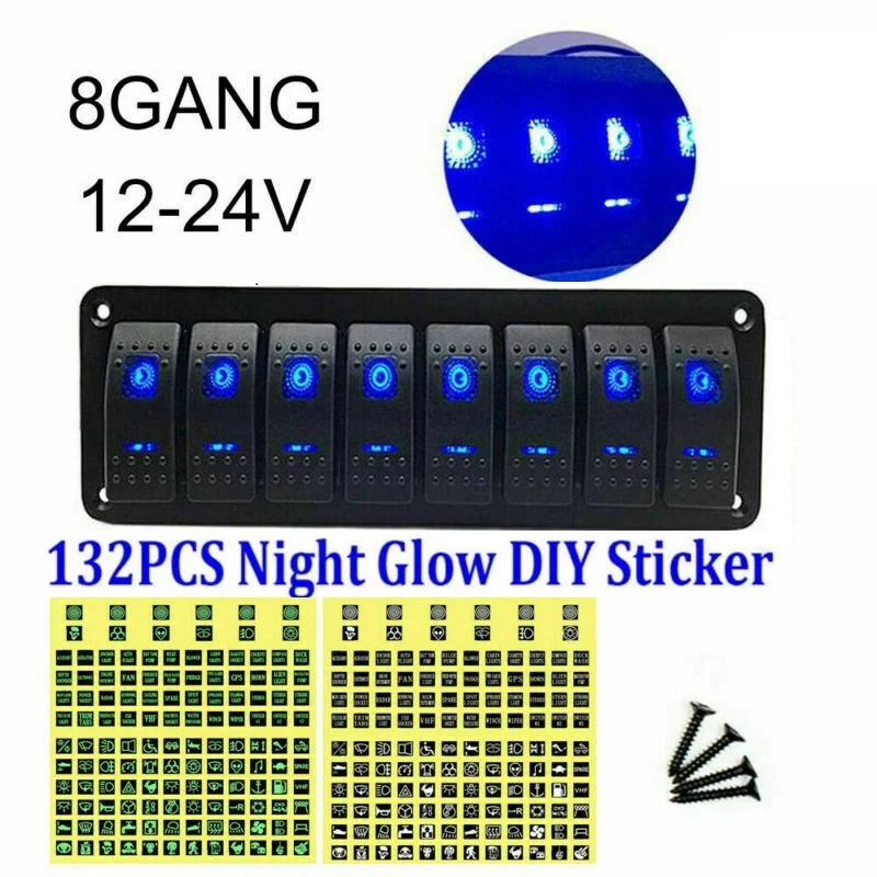 

12V 24V Car Marine Boat 8 Gang Waterproof Circuit Blue LED Rocker Switch Panel Breaker DIY Switch Label Decal