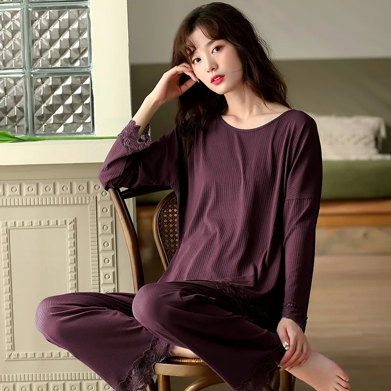 

Pajamas Women's Spring and Autumn Modal Bourette Cotton Silk Long Sleeve Tracksuit Summer Thin Pullover Korean-style Two-Piece S