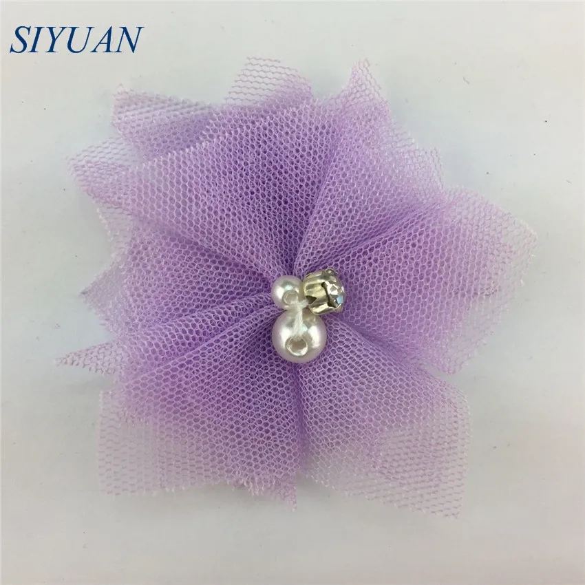 4-lavender 10 шт./лот, 5 см, сетка, тюль, Fbric, цветок, стразы, для детей, жемчуг, бисер, шикарная повязка с цветами, сделай сам, аксессуары для волос F27 - Цвет: 4-lavender