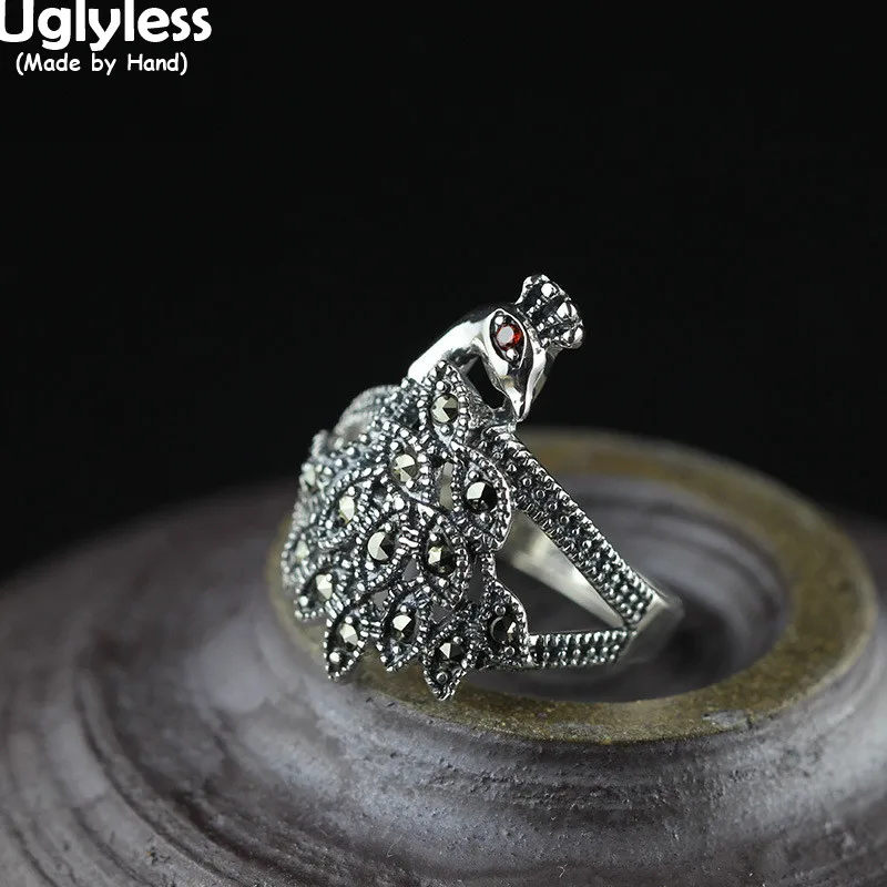 

Uglyless Princess Peacock Rings for Women Marcasite Thai Silver Rings Resizable 925 Silver Phoenix Animals Jewelry Exotic Bijoux