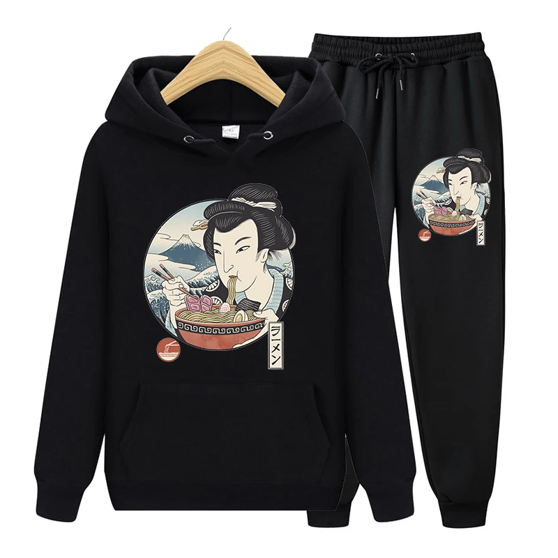 Женский свитер с капюшоном черный Повседневный пуловер принтом в виде рамен и