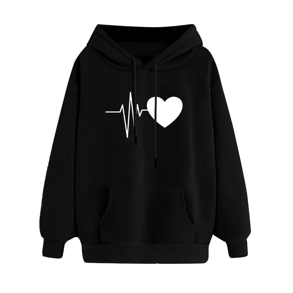 

Valentine's Day Fashion Women Long Sleeve Hoodies Ecg Heart printing Casual Pullover Sweatshirts Tops with Pocket