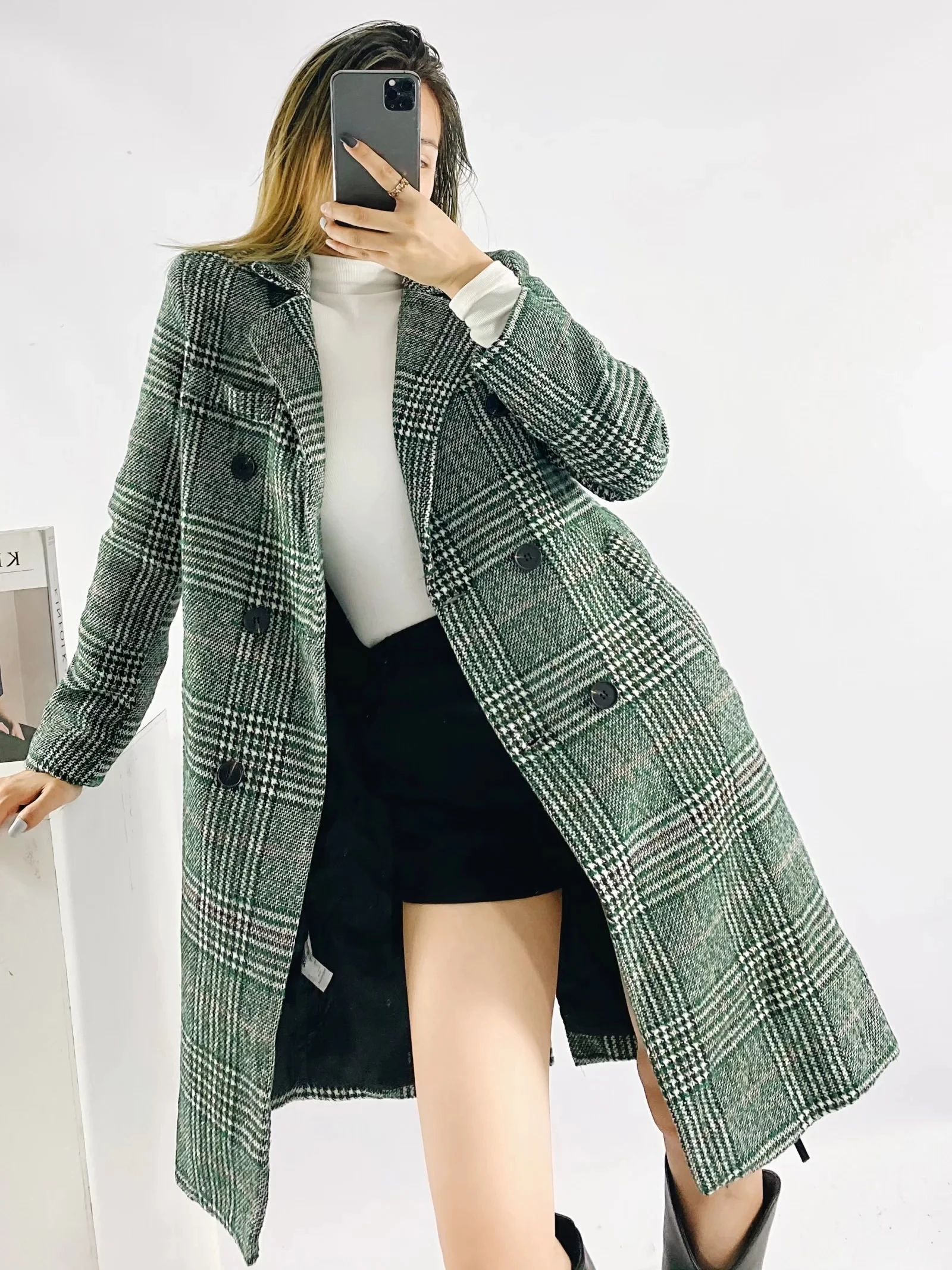 

BBWM 2021 Women Autumn Office Lady Green Plaid Long Sleeve Coat Female Vintage Streetwear Double Breasted Casual Long Top