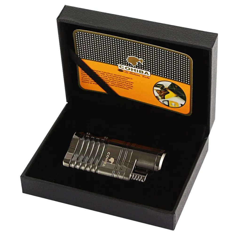 COHIBA карманные зажигалки, портативные металлические ветрозащитные 4 синих пламени, огонь, струйный фонарь, сигарета, зажигалка, курительная, Encededor, газовая