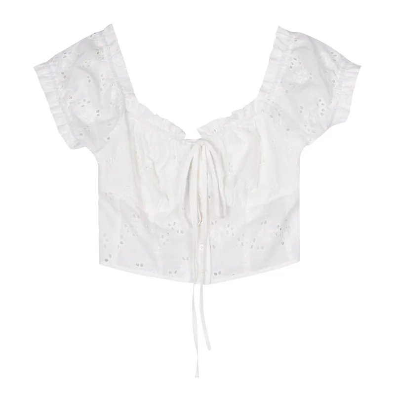 

Square Neck Hollow Out Short Sleeve Shirt Women Sexy Tops 2021 Summer Korean Sweet Design Drawstring Short Y2K Aesthetic C28740