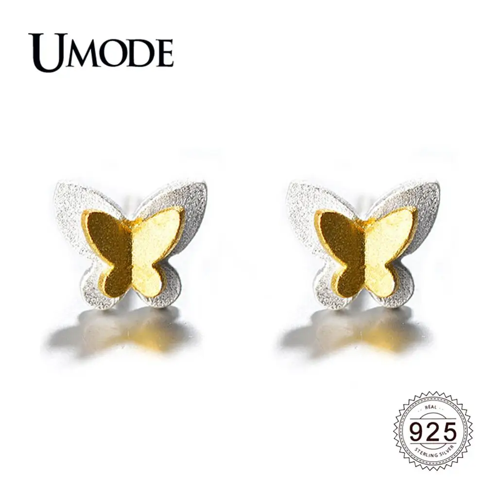 Женские Двухцветные серьги гвоздики UMODE серебро 925 пробы с золотыми бабочками
