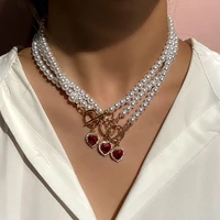 trendy new red heart crystal pendant imitation pearl beaded necklace for women handmade simple collar necklaces wedding jewelry