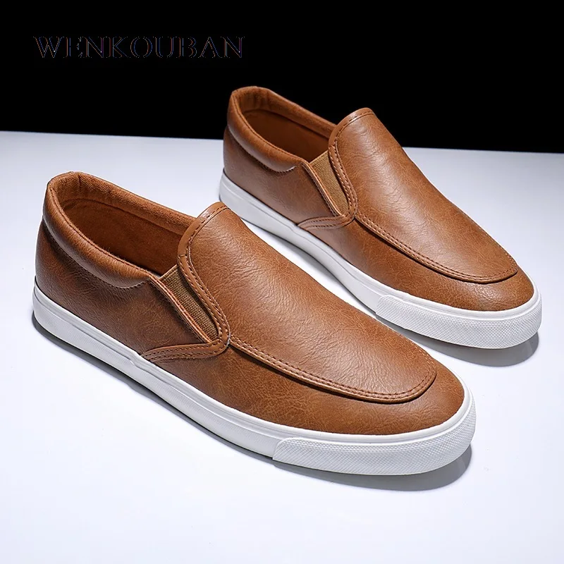 

Summer Flats Men Casual Shoes Fashion PU Leather Male Loafers Slip on Men White Sneakers Plus Size 39-44