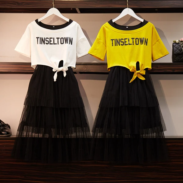 2 шт. Сетчатое платье трапеция с оборками в Корейском стиле|Женские платья| |