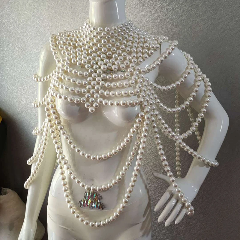 Luxury exaggerated pearl large size necklace women catwalk street shoot stage wedding dress handmade beaded body chain jewelry