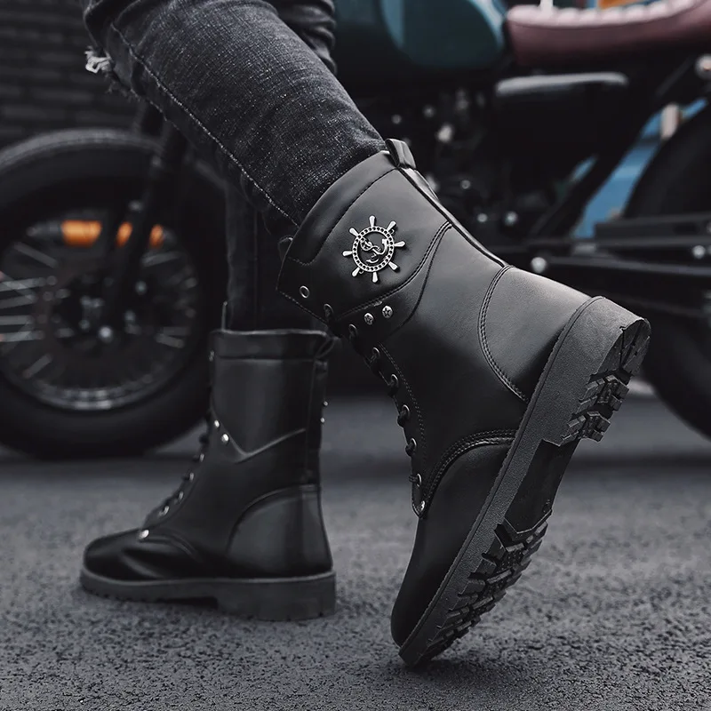 Winter Men Motorcycle Boots Fashion Mid-Calf Punk Rock Punk Shoes Mens BootsLeather Black High top Casual Boot Man