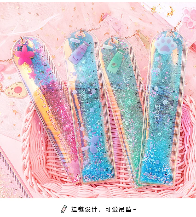 1Pcs Creative Bookmarks Cartoon Quicksand PVC Drawing Ruler Student Lovely Pendant Bookmark Stationery School Supply