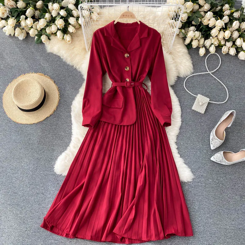 

2022 раннее женское платье в Корейском стиле ретро костюм с воротником однотонное плиссированное платье с прострочкой новые женские свободные платья E098