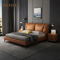 Bedroom Set Furniture Modern Luxury Leather Upholstered Platform Small Apartment Double Bed With Multi-Size Solid Wood Frame