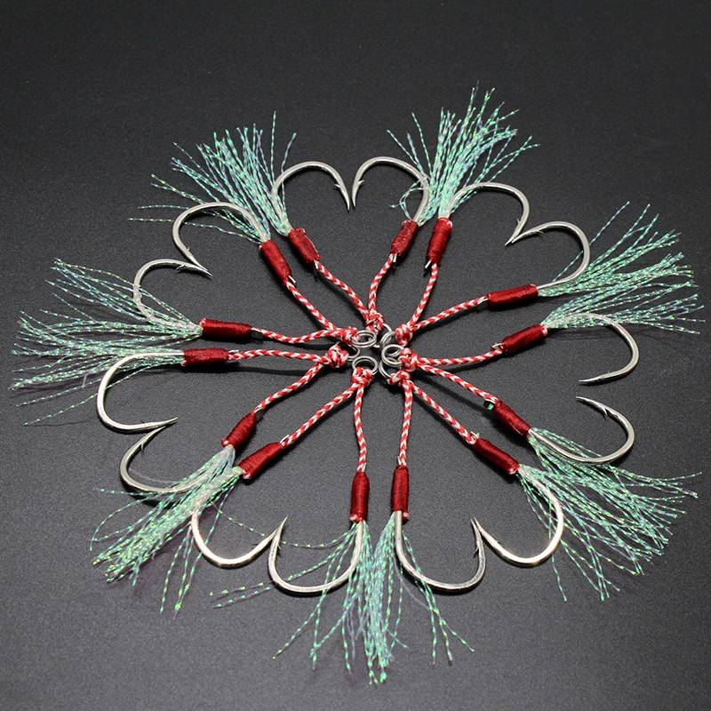 10pair/lot Fishing Hook Jig Double PairHooks Barbed Thread Feather Accessories Pesca High Carbon Steel Fishing Lure Slow Jigging