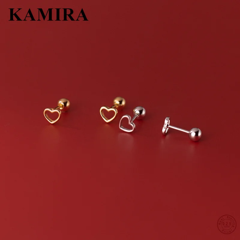 

KAMIRA Real 925 Sterling Silver Korean Minimalism Hollow Love Heart Spiral Bead Stud Earrings for Women Party Sweet Cute Jewelry