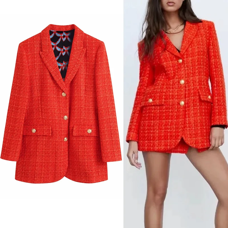 

TRAF 2021 Red Blazer Women Print Checked Blazer And Skirt Set Fitted Womens Blazers Long Sleeve Buttoned Suit Ladies