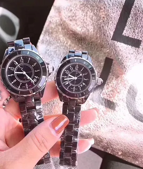 female male famous Brand ceramic Watch black white data Quartz Wrist watch for couple Women men stainless steel band 33 38mm