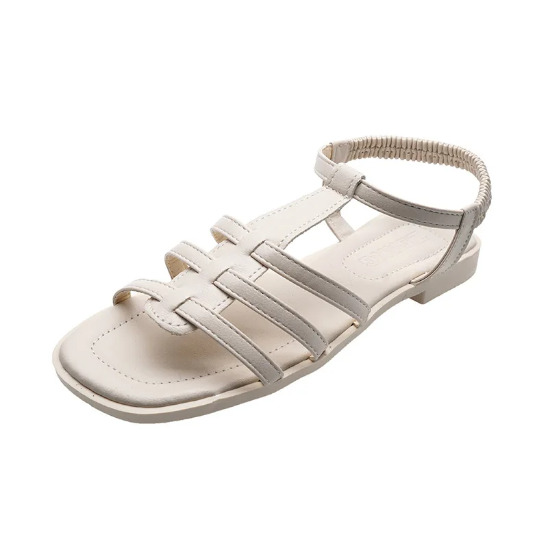 

Beige Heeled Sandals Slip-on Loafers Summer Women's Shoes Lady 2021 Black Elastic Band New Fashion Retro Girls Low