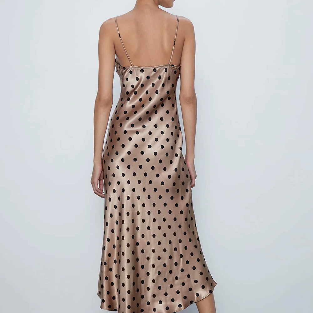 2020 NEW Spring women champagne black dot spaghetti strap mid-calf dress female casual sexy fashion clothes | Женская одежда