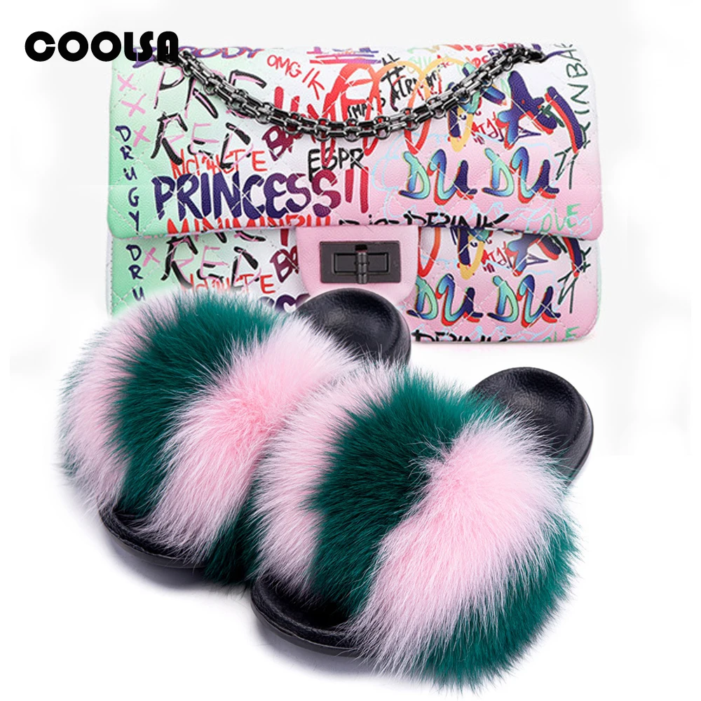 Женские меховые тапочки Комплект с сумкой Пушистые Шлепанцы из натурального