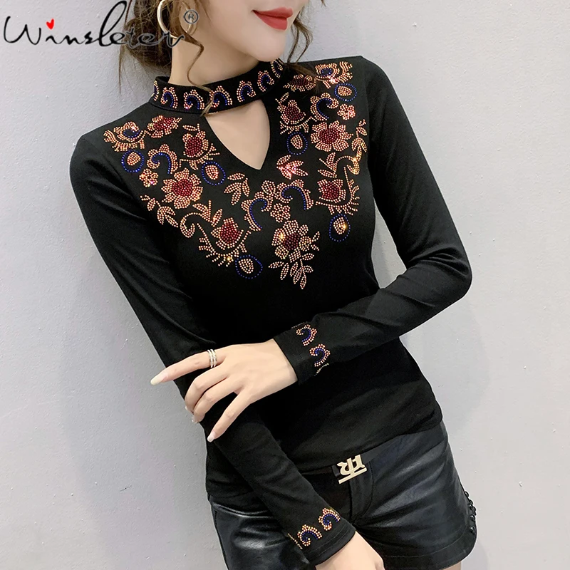 

Весенне-осенняя футболка в Корейском стиле, модные сексуальные женские хлопковые топы с вырезами и блестящими бриллиантами, Ropa Mujer, футболк...