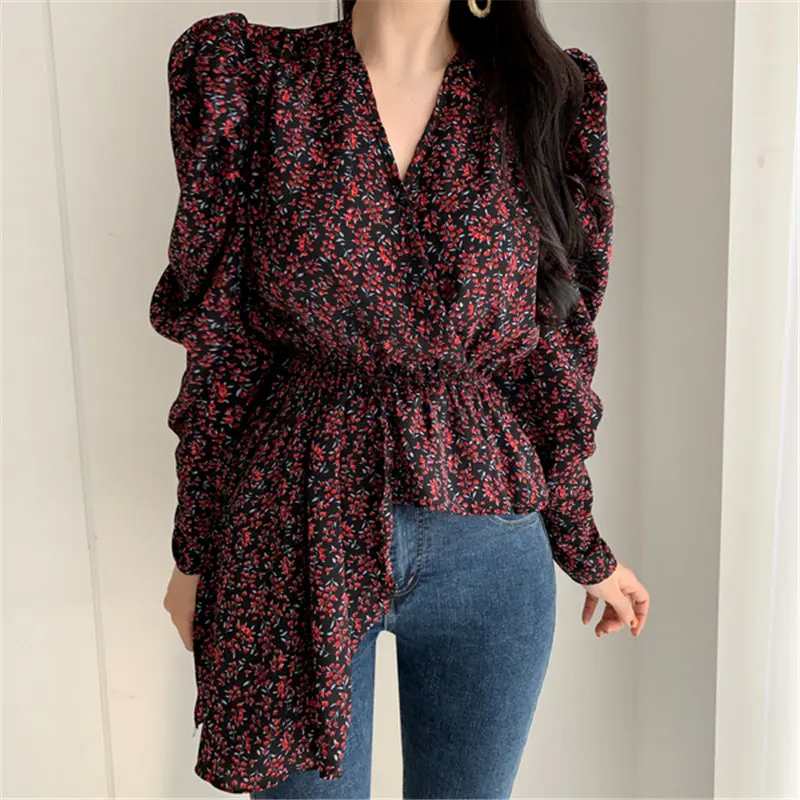 

New All-Match Summer Elegance Florals V-Neck 2020 Irregular Tops Puff Sleeves Chic Loose Sweet Casual Female Shirts