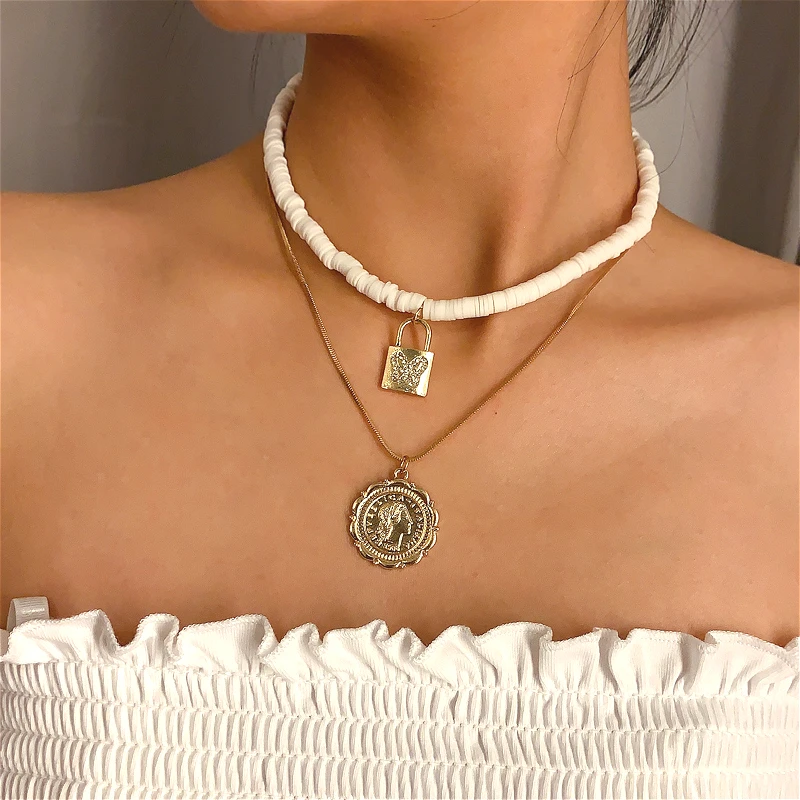 

Vintage Coin Pendant Necklace For Women White Soft Clay Chain Lover Lock Dangle Choker Necklaces Jewelry Accessories