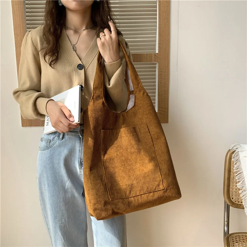 

Women Vintage Pure Color Corduroy Shoulder Bag Female Casual Shopping Bags Autumn Winter Large Capacity Tote Handbags